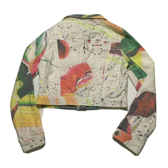 Jane Doe Cropped Denim Jean Jacket Small Womens Multicolor Abstract Button Front - Picture 2 of 9